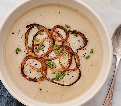 Roasted Potato Leek Soup with Onion Haystack